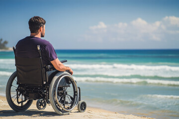 Young caucasian male in wheelchair enjoying peaceful beach view