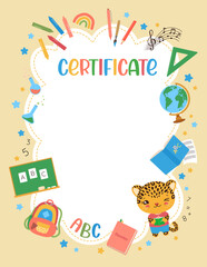 Obraz premium School certificate playful design template. Cute frame for elementary class with school supplies background. Kawaii animal student children vector illustration. Bright colors, child-friendly elements.