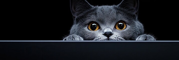 Curious gray cat peering over edge with big eyes