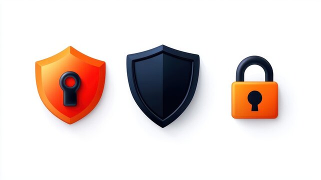 Minimalist flat design cybersecurity icon set, including a shield with a lock, a glowing firewall, a secure server, and a padlock symbol, all isolated on a white background