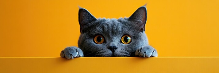 Fototapeta premium Bright-eyed gray cat peers over yellow divider.