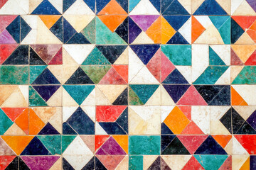 Colorful geometric pattern with triangles and squares in vibrant mosaic design