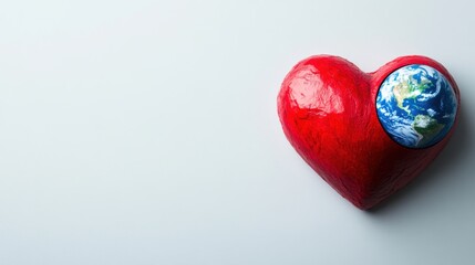 Earth centered in a vibrant red heart on light grey background with space for text