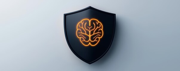 3D conceptual icon of a shield with a glowing AI brain inside, symbolizing AI driven threat detection and cybersecurity automation, isolated on a white background