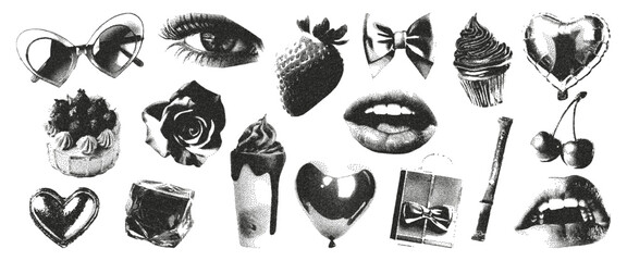 Obraz premium Romantic elements with a photocopy effect. Lips, eyes, heart, cupcake, bow, cherry. Vector illustration in grayscale grunge.