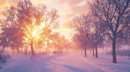 Beautiful winter sunset with trees in the snow.