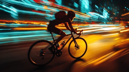 Cyclist in Motion Through a City at Night