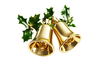 Vibrant 3D clip art of golden Christmas bells embellished with green holly, ideal for designs and illustrations.