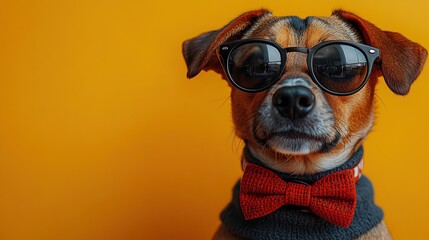 Dapper dog in sunglasses with red bow tie, orange back.