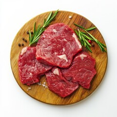 Fototapeta premium Raw beef on a cutting board with white backdrop