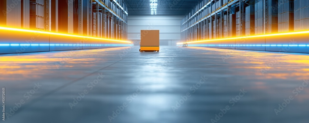 Poster autonomous robots navigating a modern warehouse with smart technologies and efficient lighting