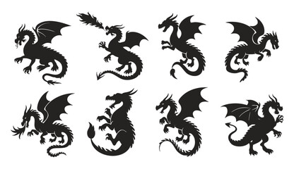 Fototapeta premium black and white Chinese tattoo dragon set icon vector silhouette on white background