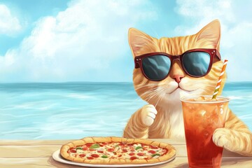 Cool Cat Enjoying Pizza and Drink by the Beach