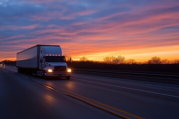 Sunset Truck on Road with Vibrant Sky