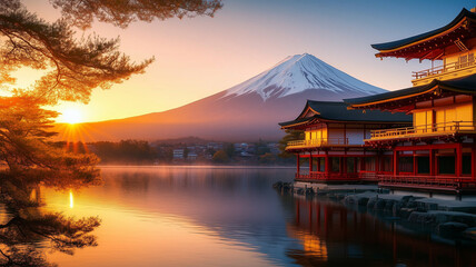 Obraz premium 新年を迎える富士山と初日の出の光