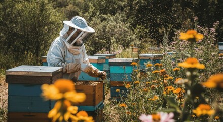 Fototapeta premium Beekeeper in protective suit tending beehives in flower-filled apiary