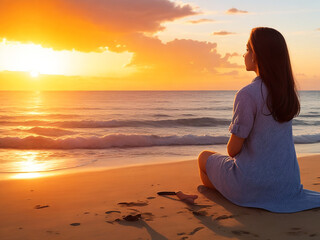 Young woman sitting on a beach feeling strong inspired energized facing the sunrise