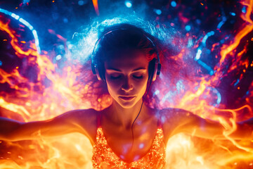 Young caucasian female immersed in music with headphones and fiery aura