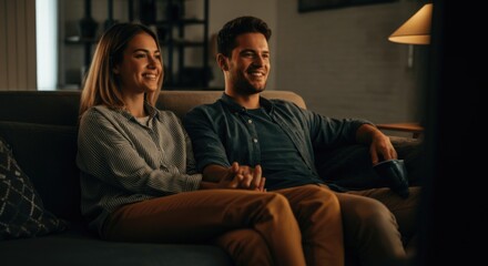 Obraz premium Young caucasian couple relaxing on couch at home in cozy living room