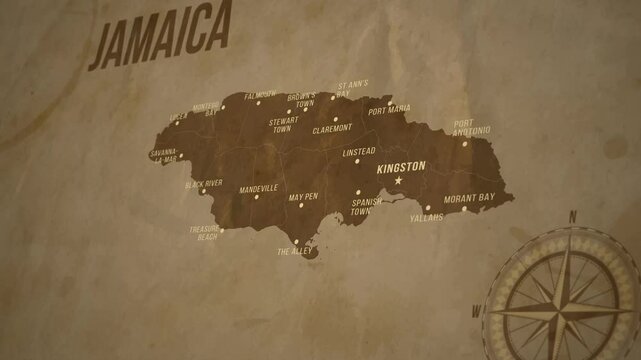 Vintage Map of JAMAICA with states Borders and Major Cities Positions