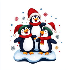 Cute penguins wearing festive hats and scarves celebrate winter joyfully