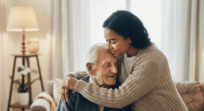 Young african female hugging elderly caucasian male in cozy living room setting