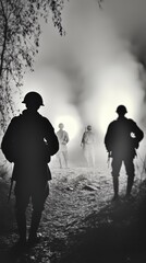 Silhouetted soldiers walk through a misty, eerie battlefield, evoking the haunting atmosphere of World War II. A dramatic black-and-white scene captures wartime tension and mystery.