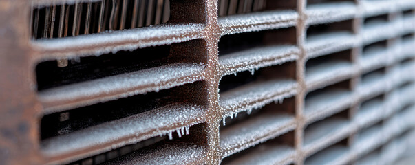 Frosted metal radiator with fine details and texture, showcasing winter chill