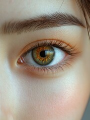 Obraz premium Close-up of a Chinese girl's eye, showcasing herbeautiful eyes with long eyelashes and thickeyebrows.Her pale skin is depicted in a neutraltone,emphasizing a photorealistic style. Thescene captures re