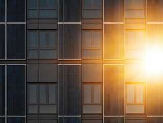 Solar panels reflecting sunlight on modern building facade, showcasing sustainability