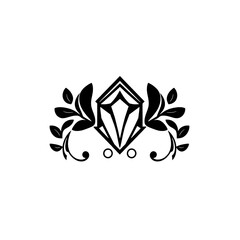 Elegant Floral Crest:  A sophisticated black and white illustration of a stylized diamond or jewel within a geometric frame, adorned with delicate floral branches for a touch of elegance and nature.