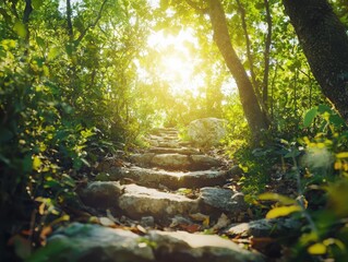 Fototapeta premium Exploring the enchanted forest path a serene journey through sunlit leaves and nature's embrace