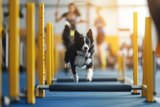 Agile dog competing in obstacle course at a training facility during a sunny day