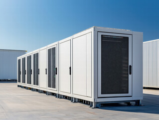 Modular data center pods in clear blue sky, showcasing modern technology
