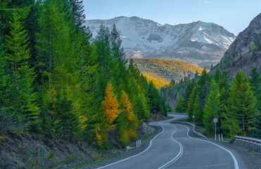 The Chuisky tract in the Altai Mountains, Russia, against the background of the North Chuisky ridge. This is the most beautiful road in Russia