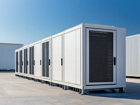 Modular data center pods in clear blue sky, showcasing modern technology