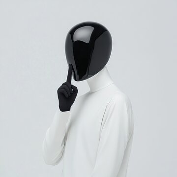 Faceless figure in white with black reflective mask