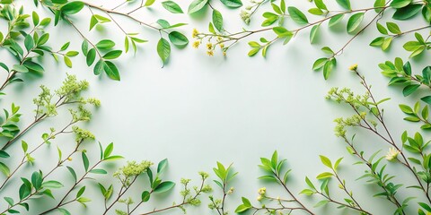Obraz premium Fresh Spring Greenery Frame with Delicate Blossoms and Lush Foliage on a Soft Green Background