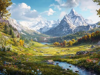 Exploring a tranquil alpine meadow nature landscape wildflowers autumn mountains clear sky serenity