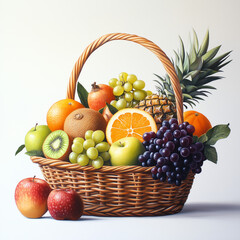 Assortment of fresh fruits arranged on a clean white background, featuring sliced watermelon, oranges, grapefruit, mango cubes, lime, kiwi, berries  and mint leaves