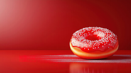 Fototapeta premium Delicious Pink Donut with Sugar Sprinkles on Textured Surface. A single, vibrantly pink glazed donut, topped with sparkly sugar sprinkles, sits on a textured, pale pink surface.