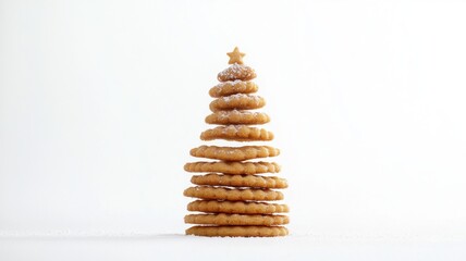 Festive christmas tree made of stacked cookies with icing sugar on a white background symbolizing holiday baking and seasonal cheer