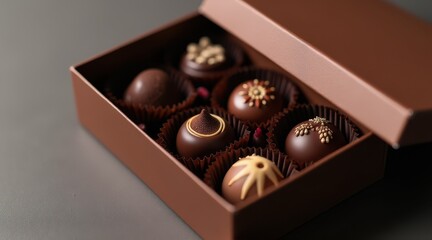Luxurious assortment of artisanal chocolate truffles elegantly arranged in an open stylish brown box, showcasing intricate designs and rich cocoa textures