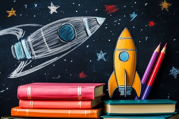 Books and pencils with rocket sketch for back to school concept