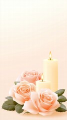 Obraz premium A serene arrangement of soft pink roses and lit candles on a gentle background, creating a calming and romantic atmosphere.