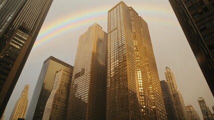 Fototapeta premium A stunning view of skyscrapers reflecting sunlight, with a rainbow arching over the cityscape, creating a picturesque urban scene.