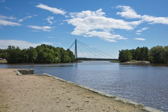 View of Vanhankaupunginselk&auml; bay shores and Matinkaaren silta bridge in summer, Helsinki, Finland.