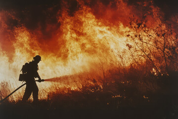 Obraz premium Firefighter silhouetted against massive wildfire flames, battling an intense blaze in a dry, rural landscape