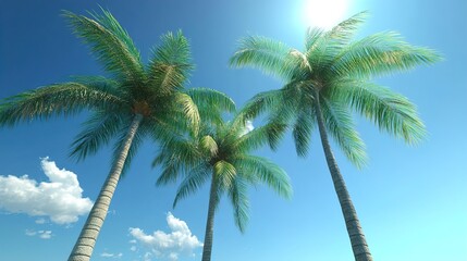 Obraz premium Three palm trees against sunny blue sky with clouds
