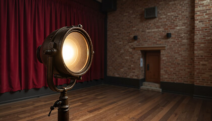 Vintage movie spotlight illuminating a stage with red curtains in a theater setting